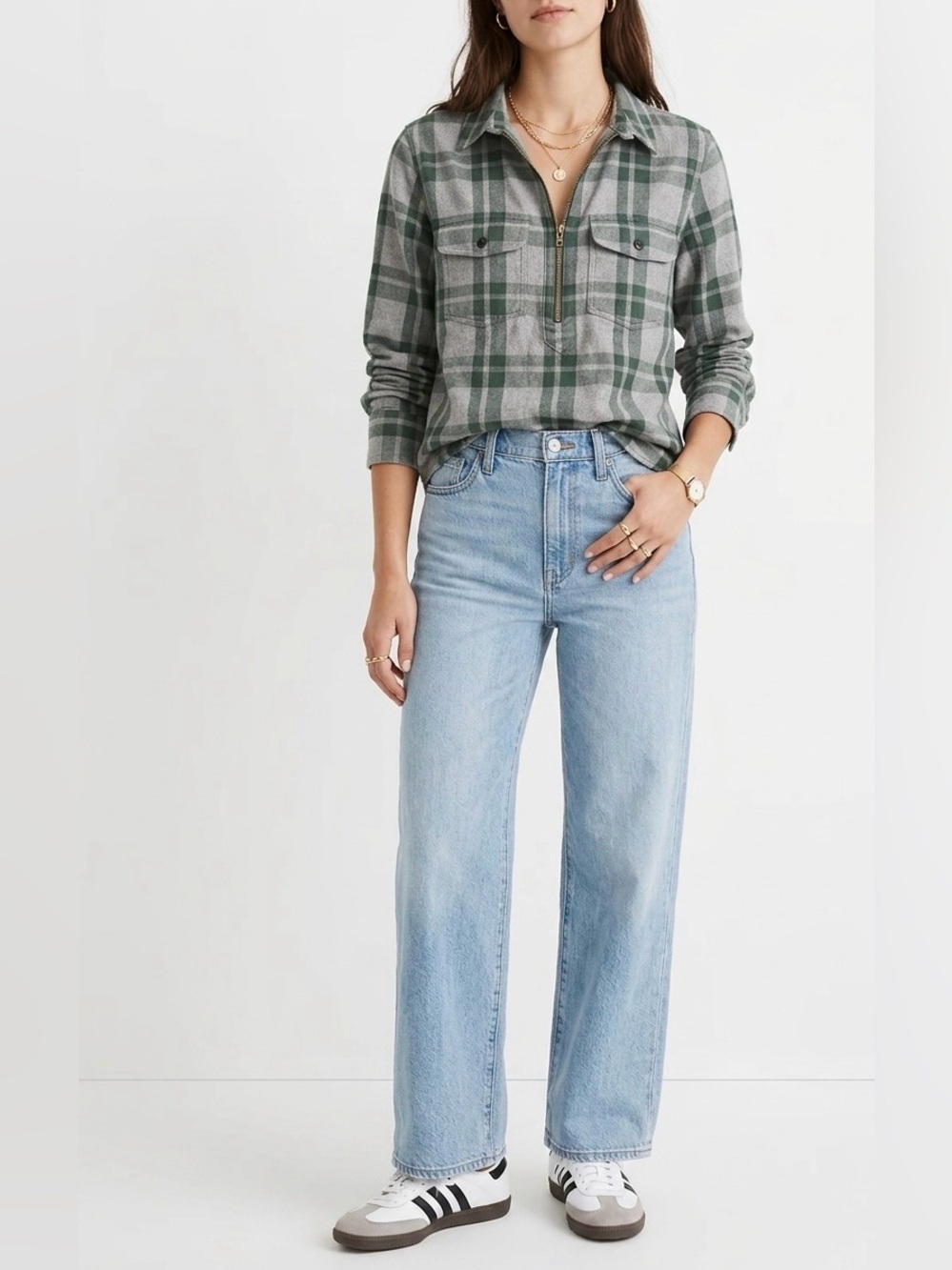Madewell $98 Washburn Plaid Flannel Zip Front Popover M 100% Cotton P2P 18”